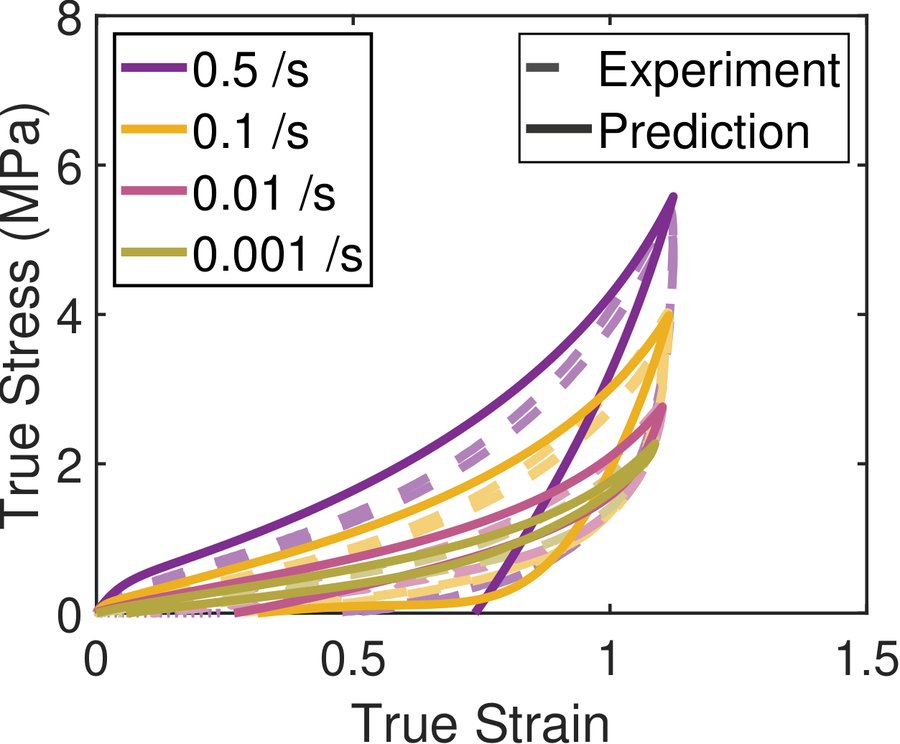 Predicted and measured stress&ndash;strain response of a composition withheld from calibration